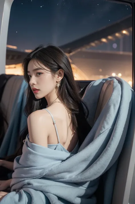 (((best quality))),(((ultra detailed))),(((masterpiece))),illustration,(a beautiful girl,female passenger,solo),(parted red lips),((slim,thin)),((bare back,towering hips,butt crack)),((earrings,crystal necklace)),(slender legs:1.2),(sitting on the seat:1.2...