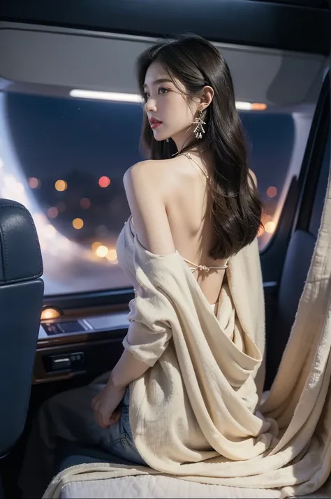 (((best quality))),(((ultra detailed))),(((masterpiece))),illustration,(a beautiful girl,female passenger,solo),(parted red lips),((slim,thin)),((bare back,towering hips,butt crack)),((earrings,crystal necklace)),(slender legs:1.2),(sitting on the seat:1.2...