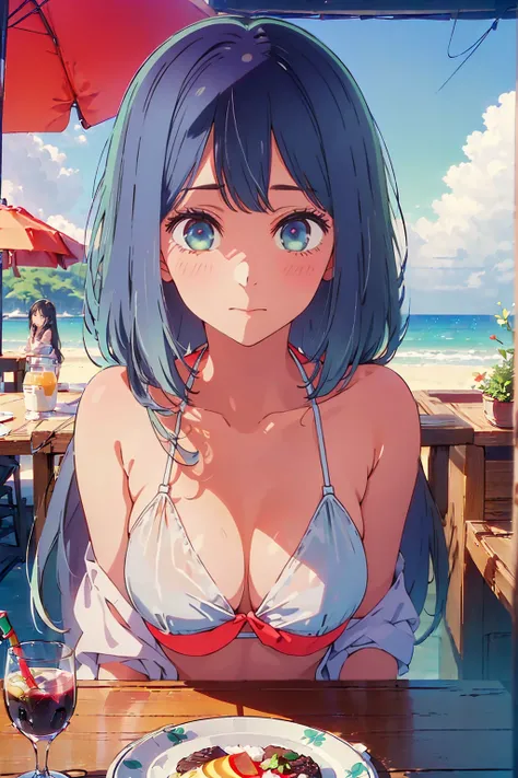 (Highest quality:1.4、masterpiece:1.4、Super detailed:1.4、8K:1.4)、F cup bust、Big Breasts、Slim body、((((1 person、sit、Outdoor café terrace、coastal、juice、table、Sandy Beach、sunset、Sunset、bikini、Underboob、juiceのグラスを持つ、Big eyes、Shallow depth of field、Very cute fac...