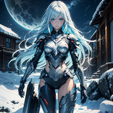 1girl!!!, very long bob hair with bangs, light blue hair, very small breasts, small size, blue eyes, fair skin, very lots of scars on body!, no scars on face!!, serious face, Small battle armor, ice magic, full body, jumping, night, moon, snowy ruin, very ...