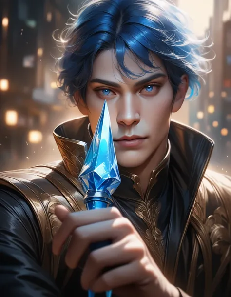 a handsome young man with sky blue hair, wearing a black and gold jacket, holding a glowing blue ice spike in his left hand, in a half-bent pose, with a cool and intense gaze, and deep blue eyes, (best quality, masterpiece:1.2), ultra-detailed, (realistic,...