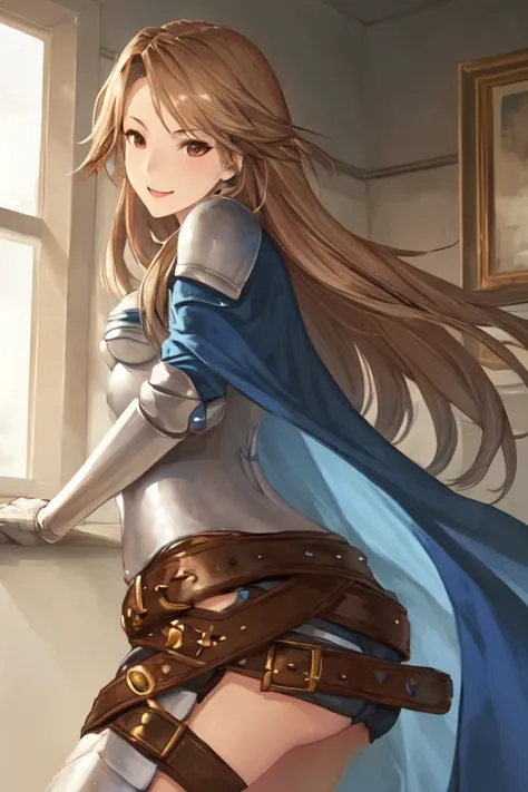 katalina (granblue fantasy), solo, 1girl, armor, gauntlets, belt, breastplate, shoulder armor, cape, cape covers arms, pauldrons, pants, room, butt cape, smile, standing, best quality, masterpiece 