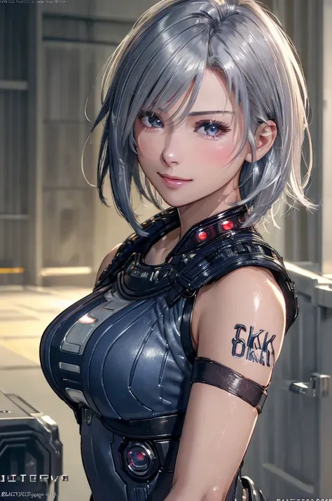 (8k, photorealistic, RAW photo, top quality: 1.4), (1girl), super beautiful, (realistic face), (boyish, silver-colored berry short hair), beautiful cyberpunk suit, glares seducing viewer, beautiful expression, beautiful breasts, (realistic skin), beautiful...