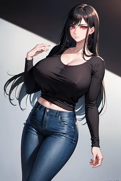 (Uhd, Masterpiece, Textured Skin, Super Detail, High Details, High Quality, Best Quality), Detailed Face, 1woman, mature pretty woman, (Huge Body:1.5), (black hair, long hair), (Short black top shirt, jeans pants), standing