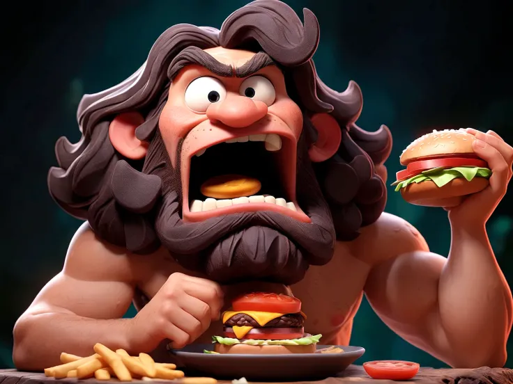 disney pixar style caveman , eating a burger 