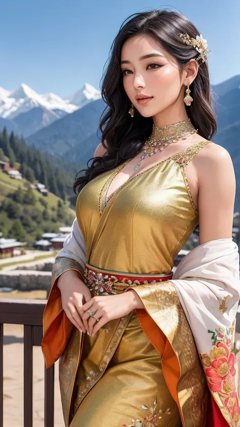 In a picturesque setting that reflects the rich cultural heritage of her homeland, a stunning young woman stands gracefully, exuding elegance and charm. She is adorned in a traditional Kira from Bhutan, a garment of vibrant colors and intricate patterns th...