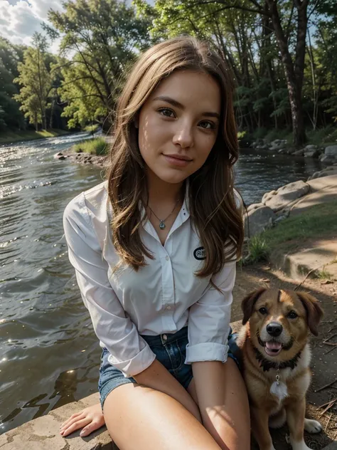 girl sitting by the river with a dog,Sun, clouds, gopro camera, blond, beautiful nature,sun rays, trees, looks at the camera, Evening,detailed face, close-up