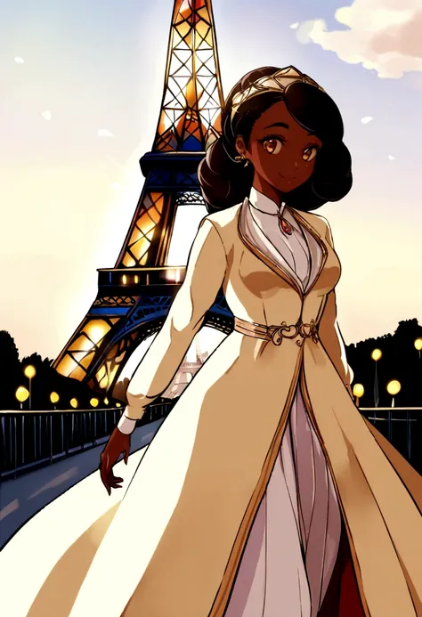 Imagine a 25-year-old woman of African descent in Paris, en France, debout devant la Tour Eiffel, wearing an elegant Parisian outfit. She captures the magic of the City of Light with a radiant smile