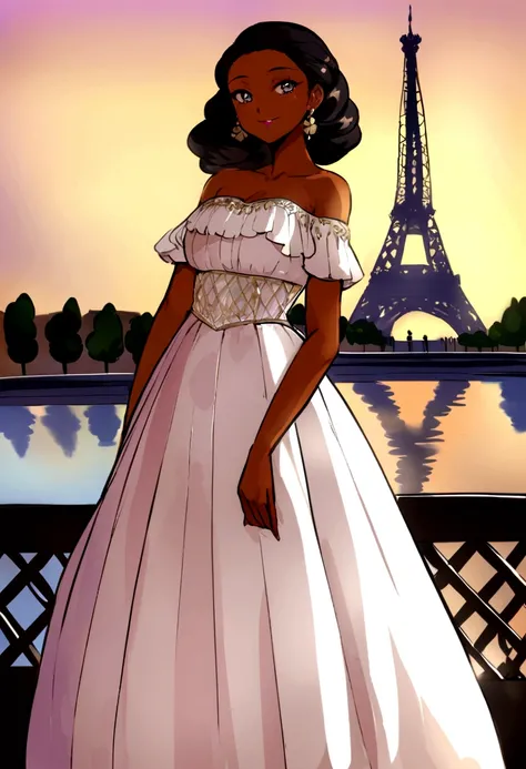 Imagine a 25-year-old woman of African descent in Paris, en France, debout devant la Tour Eiffel, wearing an elegant Parisian outfit. She captures the magic of the City of Light with a radiant smile