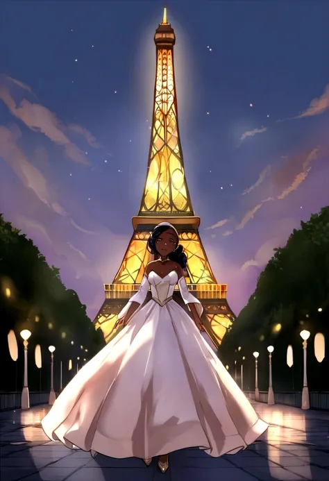 Imagine a 25-year-old woman of African descent in Paris, en France, debout devant la Tour Eiffel, wearing an elegant Parisian outfit. She captures the magic of the City of Light with a radiant smile