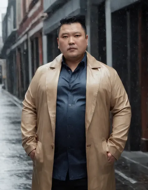 Professional photo, sharp 4K, beautiful light, Man 40 years old, Fat, Chubby, Asian man, no shirt, wearing a coat, Show belly, wet from the rain.