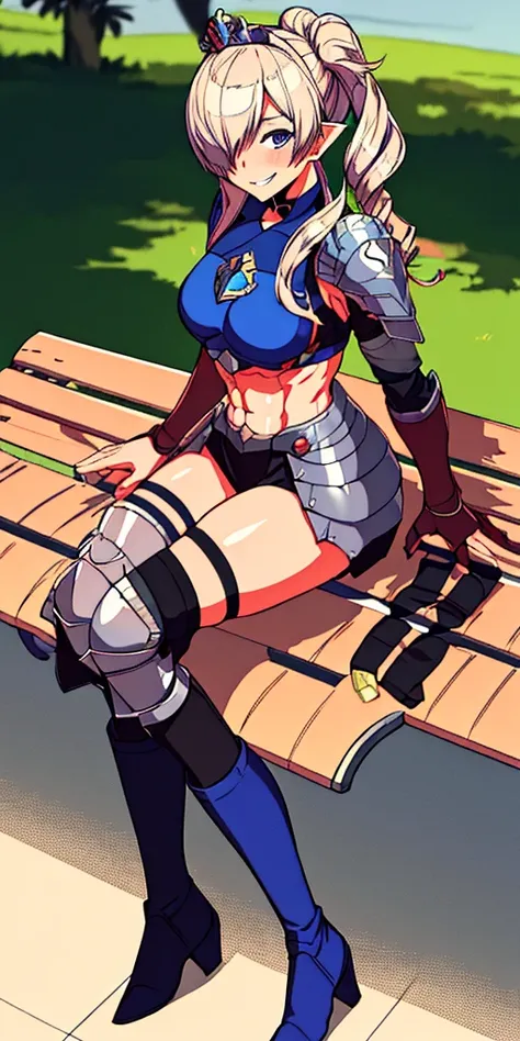 Shez, hair over one eye, choker, full body sitting on a bench showing ass to me, BLUE breastplate looking at viewer, shiny, armor, thigh highs, high boots, pauldrons shoulder armor, faulds, poleyn, gloves, gauntlets, rerebrace armored boots, (masterpiece, ...