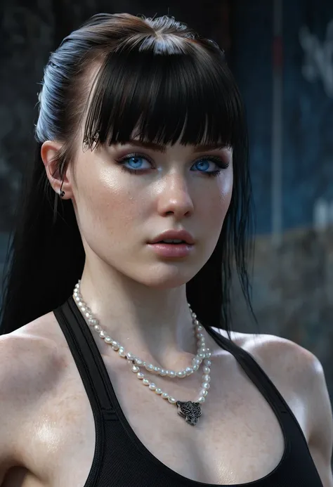 FROM ABOVE, Madelaine Petsch ((Pale Skin)), ((Pearl Skin)), ((black hair with bangs)), Sexy Woman ((She has long straight black hair with straight bangs above her eyebrows and icy light blue eyes, pale skin, a atletic defined toned body, a thin waist, wide...