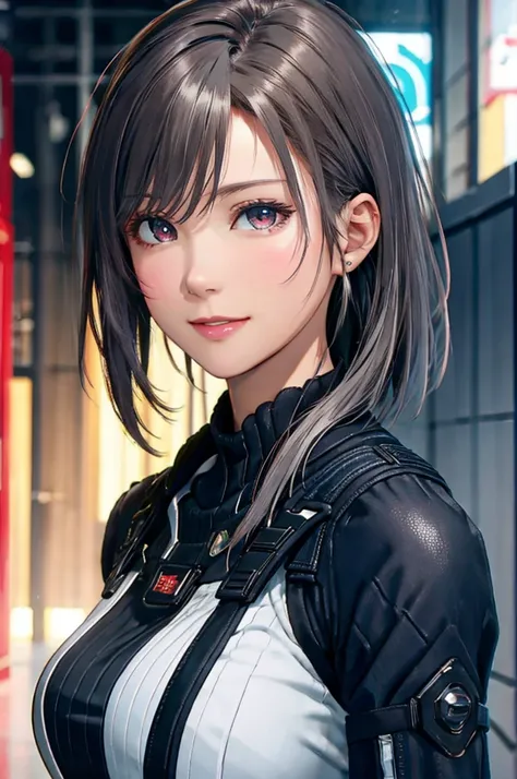 (8k, photorealistic, RAW photo, top quality: 1.4), (1girl), super beautiful, (realistic face), (boyish, silver-colored berry short hair), beautiful cyberpunk suit, glares seducing viewer, beautiful expression, beautiful breasts, (realistic skin), beautiful...