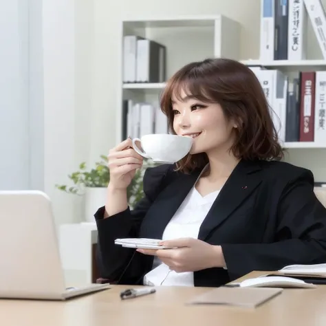 Japanese beauty drinking coffee，Wear nice professional attire，Sitting at the desk，notebook，grace，Smile，short hair，Holding a coffee cup