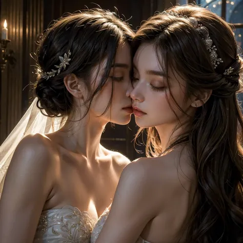 (masterpiece, highest quality, official art, beauty and aesthetic), two stunning bride is deeply in love with each other, kiss, mystical ambiance