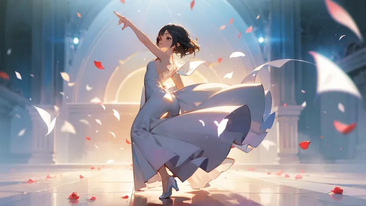 masterpiece，need，One girl，Graceful features，Perfect face，Normal finger，Wearing a long white dress，dance，Full Body Lesbian，The ground is covered with rose petals，Rose petals floating in the air，Depth of written boundary，Light from the rear window causes bac...