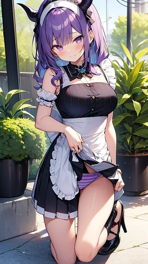 最high quality, high quality, 16K full body image, Ultra-detailed details, pretty girl, alone, beautiful purple hair, Beautiful purple eyes, Big Breasts, A light smile, Summer clothes, Summer Maid clothes, Im lifting my skirt, Blue and white color striped u...