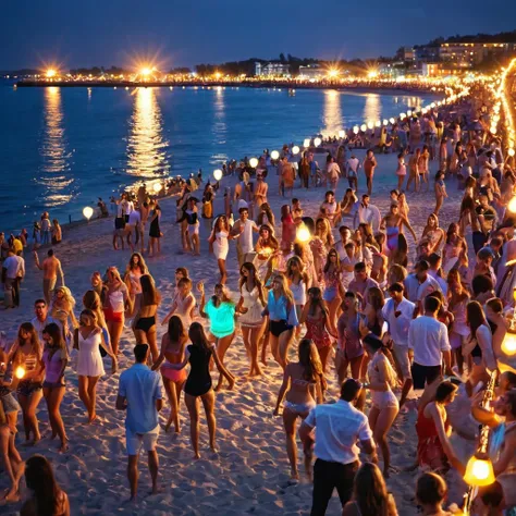 masterpiece, Best quality, ultra-realistic image, Embankment, party, women and men, beach, night, everyone is dressed in bright summer clothes. Party lights, music, ((dancing)), fun, many people, все танцуют на beachе, хороводы на beachе, lots of light fro...