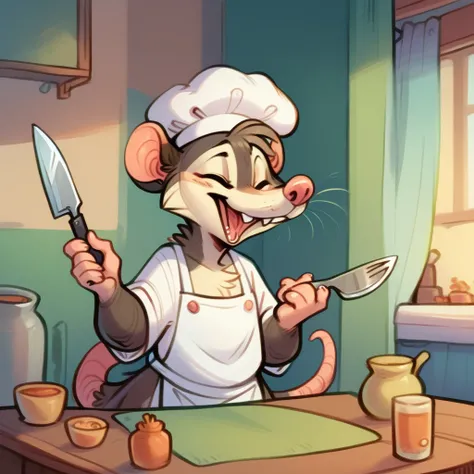 Rat chef, semi-anthropomorphic, fork in left hand, knife in right hand, crossed on chest, happy and laughing expression, detailed facial features, chef hat, apron, detailed clothing, complex textures, high quality, realistic, 8K, masterpiece, cinematic lig...