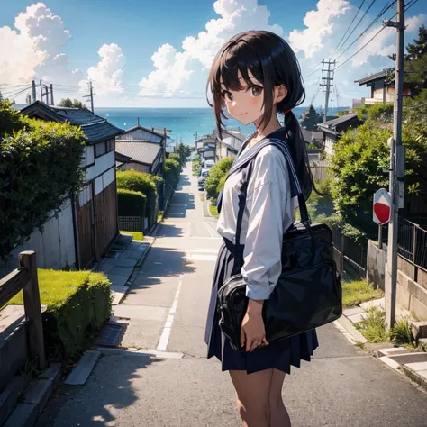 1girl, standing, gentle smile, 15yo, head tilt,
(low twintails), low pigtails, black hair, very long hair,
BREAK
navy blue sailor  with blue ribbon, long sleeves,
BREAK 
dark brown eyes, 1 school bag on right shoulder, 
BREAK
from front, from a little abov...