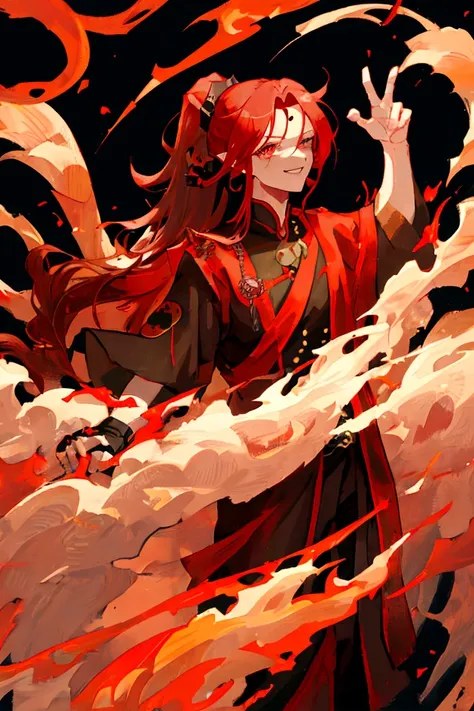 Red haired young man, masculine features, long black horns on forehead, Black shirt, martial artist clothes, monk robes,  surrounded by fire, golden eyes, sharp eyes, dark red hair, ponytail, confident smile, black armbands, light dark skin, perfect hands,...