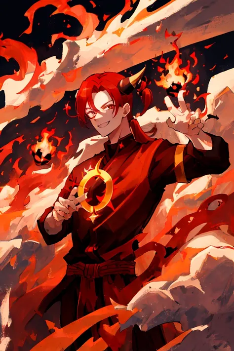 Red haired young man, masculine features, long black horns on forehead, Black shirt, martial artist clothes, monk robes,  surrounded by fire, golden eyes, sharp eyes, dark red hair, ponytail, confident smile, black armbands, light dark skin, perfect hands,...