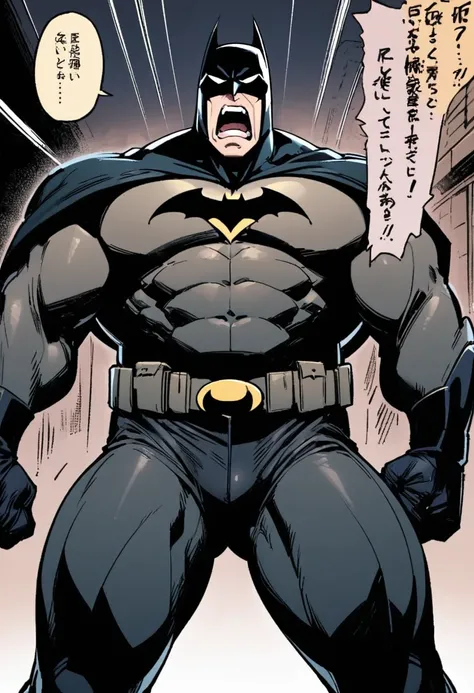 Batman, from front, super fine, middle-aged, hunk, looking down and mouth wide open with shocked face, Batman grab crotch,