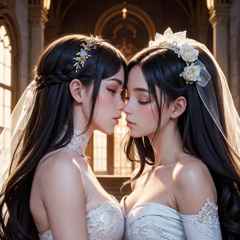 (masterpiece, highest quality, official art, beauty and aesthetic), two stunning bride is deeply in love with each other, kiss, ...