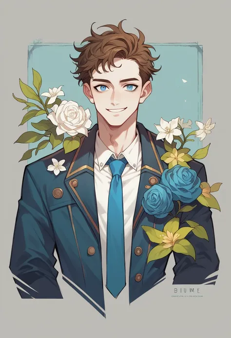 a , Brown hair，Curly hair tips, White skin, Handsome boy, blue eyes, masterpiece, punk jacket, White shirt, Blue tie, Shoulders open, Open sleeves, A faint smile, flower, Quiet, restraint, (Concept Art)