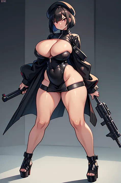  thick hips,  thick thighs, platform  heels, black tight dress, huge breast, thin waist, bob cut hair, weapon, tanned skin, gun, angry look,  scream, thick body, fitness, stockings, beret, cyberpunk, happy , moan, 