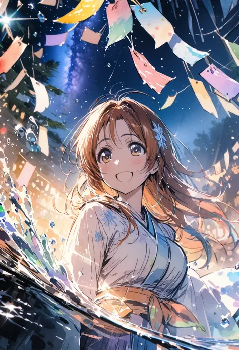 masterpiece,highest quality,ultra-detailed,high-definition background,8K,hi-res,high quality,BREAK,Water Drop,girl, japanese manga style, sketch, Watercolor Colors.Tanabata.milky way、((Orihime and Hikoboshi:1.5))、A radiant smile、Smile、Star of the sky