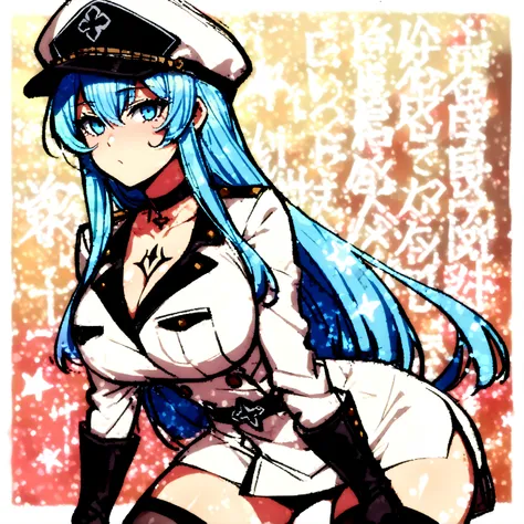 (Esdeath, blue long hair, hat, eaves hat, military, uniform, uniform, choker, thigh high socks, boots, サイハイboots, chest tattoo, big breasts, wide hips, mature, mature woman), score_9、score_8_up、1 girl、1 male、source_anime、side view、(Neck focus:1.2)、Bulging ...