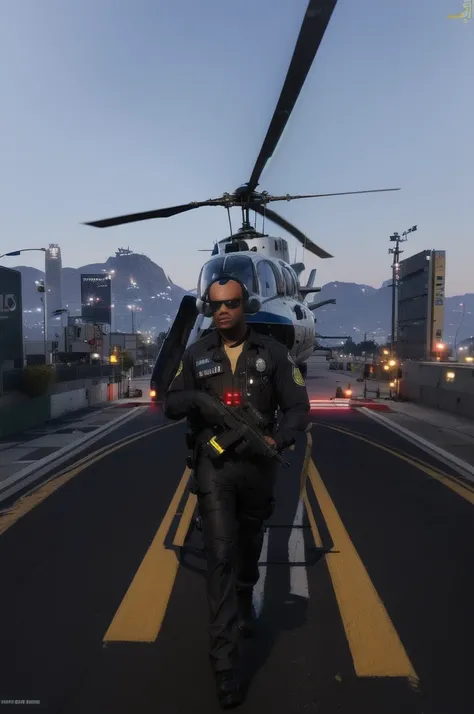 police officer standing in front of a helicopter on a helipad, as a character from gtav, police lspd outfit, gta character, police officer, outfit: cop, officer, in game, gta v character, full body shot hyperdetailed, in gta v, upper body avatar, helicopte...