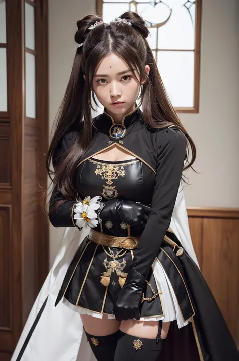 Breastplate with coat of arms,miniskirt,black gloves,gauntlets,garter bel,acrobatic pose,(Long Hair,topknot,sideburns,light brown hair, hair ribbon,bright,flower hair ornament),(((masterpiece))), (8K, expensive_solve), (clear_image), Highly detailed CG, ((...