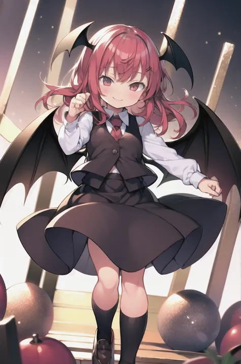 masterpiece, best quality,  chibi,1girl,koakuma, vest,necktie,skirt,wings,simple background,smile