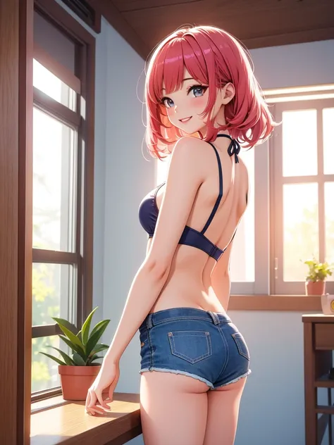 best quality, 1girl, masterpiece ultra detailed, illustration, glossy lips, indoors, standing, (short shorts, micro_shorts, bikini top), light smile, looking back at viewer