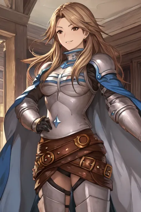 katalina (granblue fantasy), solo, 1girl, armor, gauntlets, belt, breastplate, gloves, shoulder armor, cape, pauldrons, pants, room, smile, standing, best quality, masterpiece, cloak