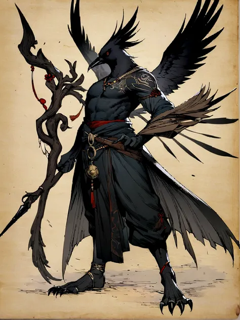 Raven Tengu, Traditional Japanese concept art，Chinese mythology，Anthropomorphic crow，Black wings，Night Sky，Spear in hand