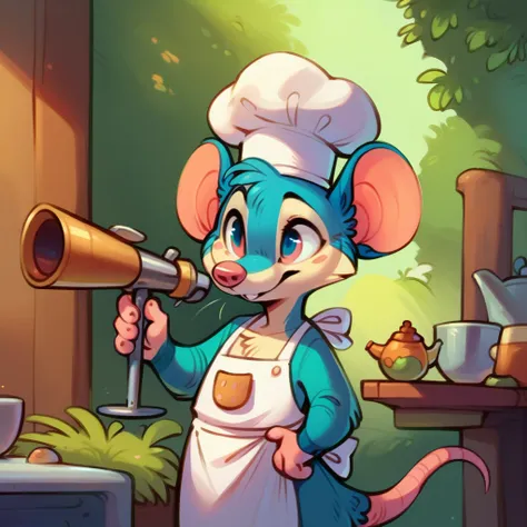 mouse chef, semi-anthropomorphic, holding a telescope in his hand and looking into the distance, detailed facial features, chef ...