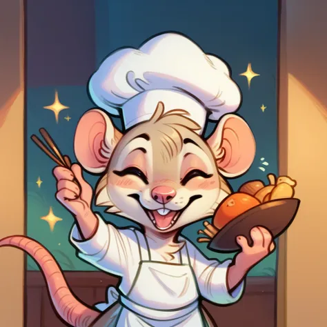 rat chef, semi-anthropomorphic, holding a fork in his left hand and chopsticks in his right hand, crossed over his chest, happy ...