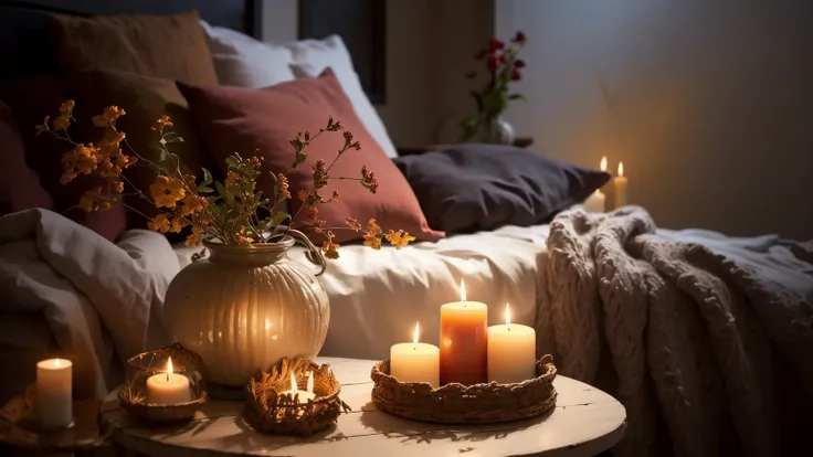 a lit candle on a table in a bedroom with a bed, cozy candlelight, cozy atmosphere, candlelit, cozy and quiet atmosphere, cozy a...