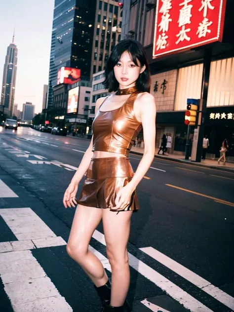 A Chinese prostitute stands on the side of a road, wearing a low-cut tank top with half full breasts exposed, and a low-waisted leather jacket over it. She wore only a short leather skirt, bare thighs and calves, and a pair of high-waisted leather boots on...