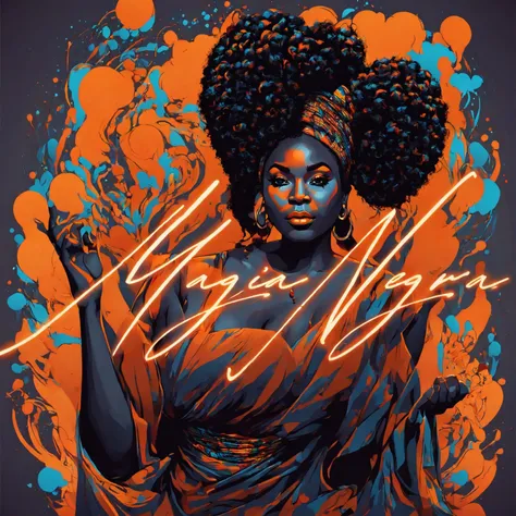 vector t-shirt art design, centered, orisha, illustration of a thick and fat black woman wearing a orange dress and making magic...