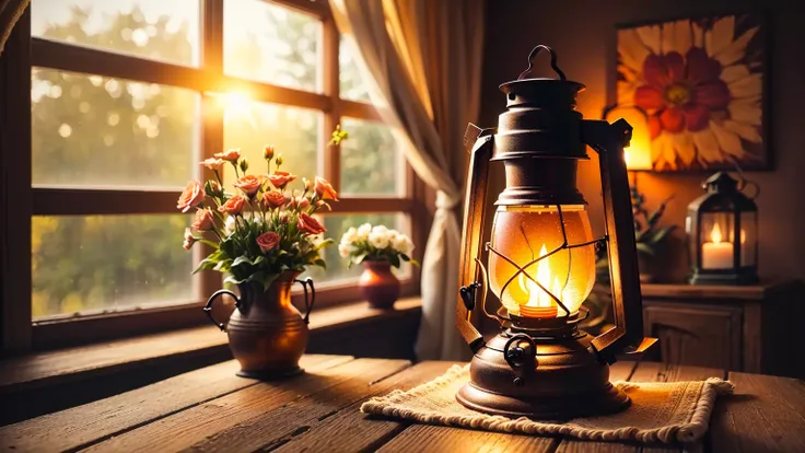 a lantern sits on a table next to a vase of flowers., warm ambient light, warm and beautiful scenery, soft and warm light, pleas...