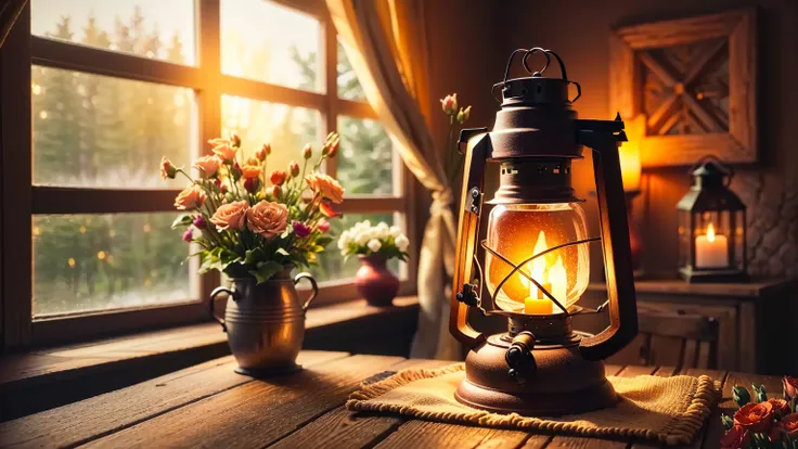 a lantern sits on a table next to a vase of flowers., warm ambient light, warm and beautiful scenery, soft and warm light, pleas...