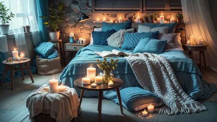 a bedroom with a blue bed and a blue blanket and lit candles, cozy candlelight, cozy and quiet atmosphere, cozy atmosphere, room...