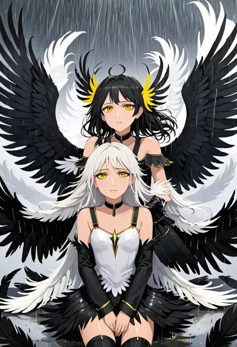 2girls,black feathers,black wings,feathered wings,feathers,multiple girls,rain,white wings,wings,yellow eyes