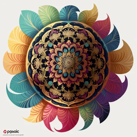 masterpiece, best quality, very detailed, extremely detailed, vector design, colorful mandala made out of feathers, no backgroun...