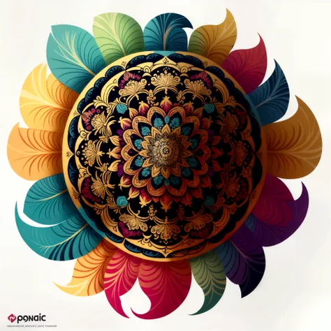 masterpiece, best quality, very detailed, extremely detailed, vector design, colorful mandala made out of feathers, no backgroun...